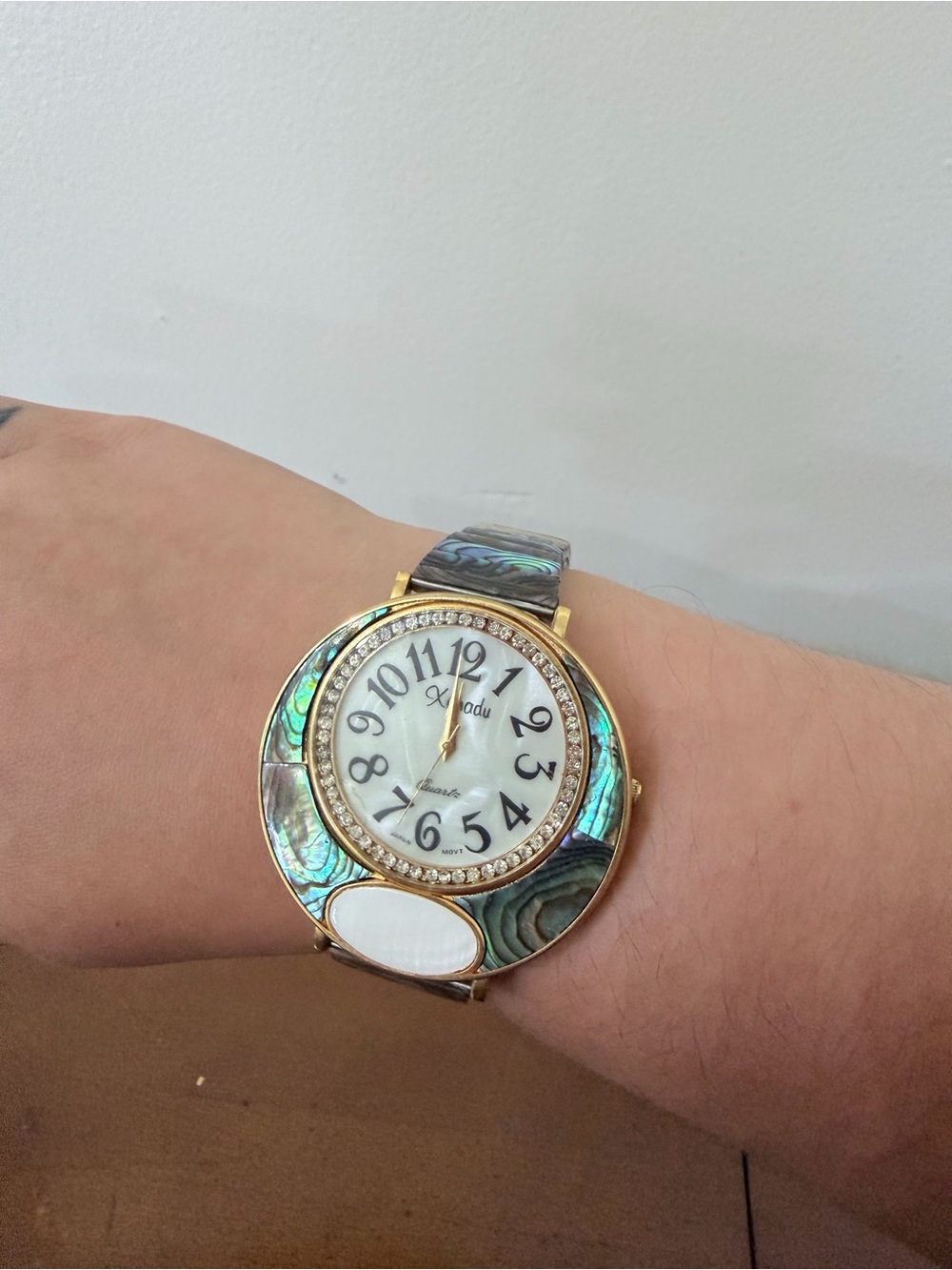 Vintage 80s Kandu Quartz Watch Abalone Stone Gold Tone Crystal Mother of Pearl